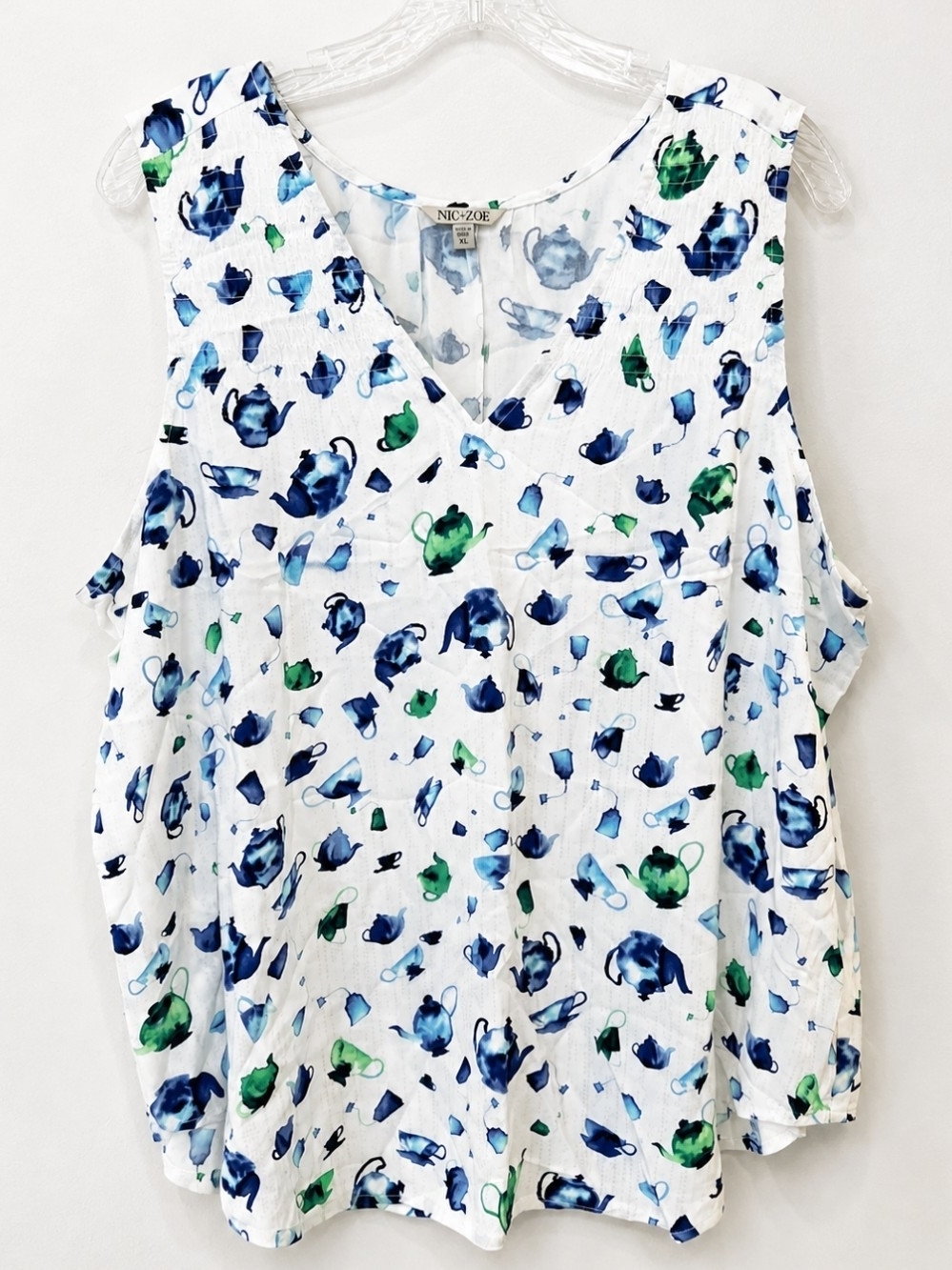 NIC+ZOE White V-Neck Tank with Blue & Green Teacup Print